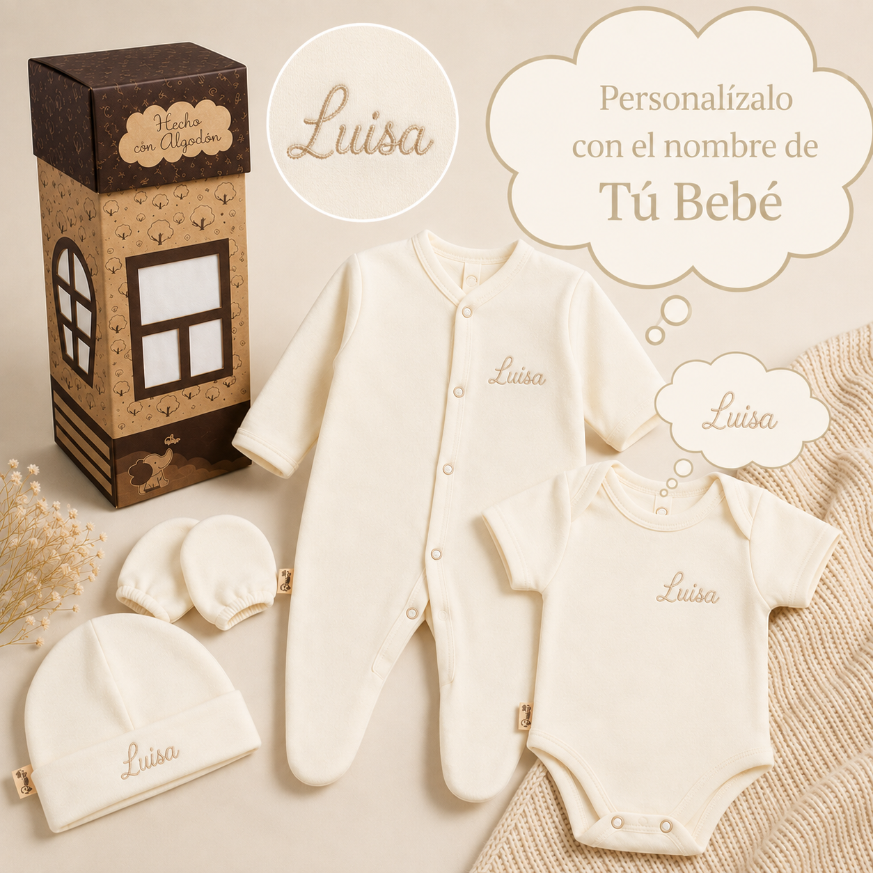 Kit 4 pzs Casita Bebé Personalizado Salir Del Hospital Algodón