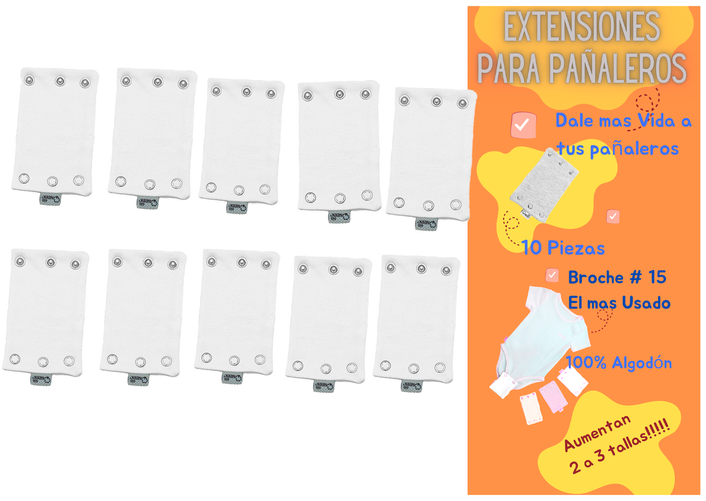 10 Extensiones de Pañaleros para Bebé Estandar Cuadrada 1cm