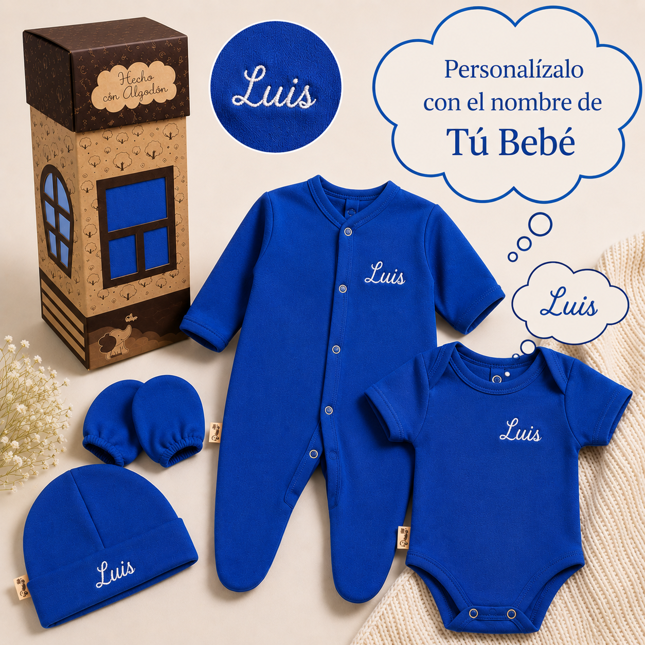 Kit 4 pzs Casita Bebé Personalizado Salir Del Hospital Algodón