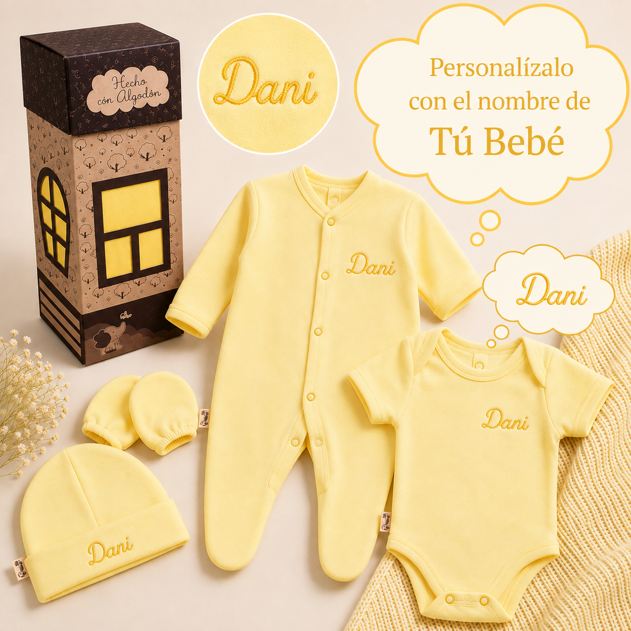 Kit 4 pzs Casita Bebé Personalizado Salir Del Hospital Algodón