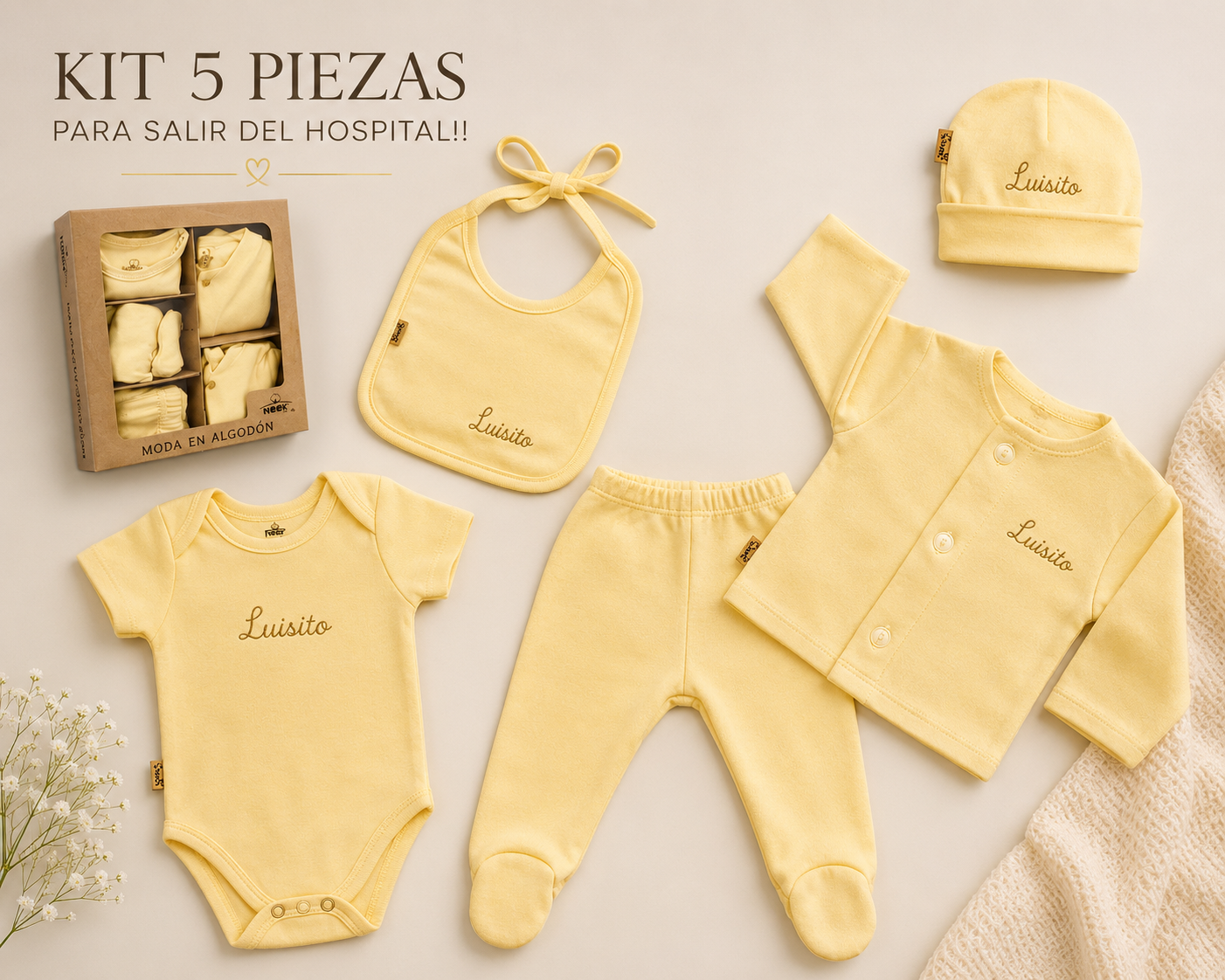 Kit 5 pzs Personalizado para Bebé Salir Hospital Bienvenida Algodón