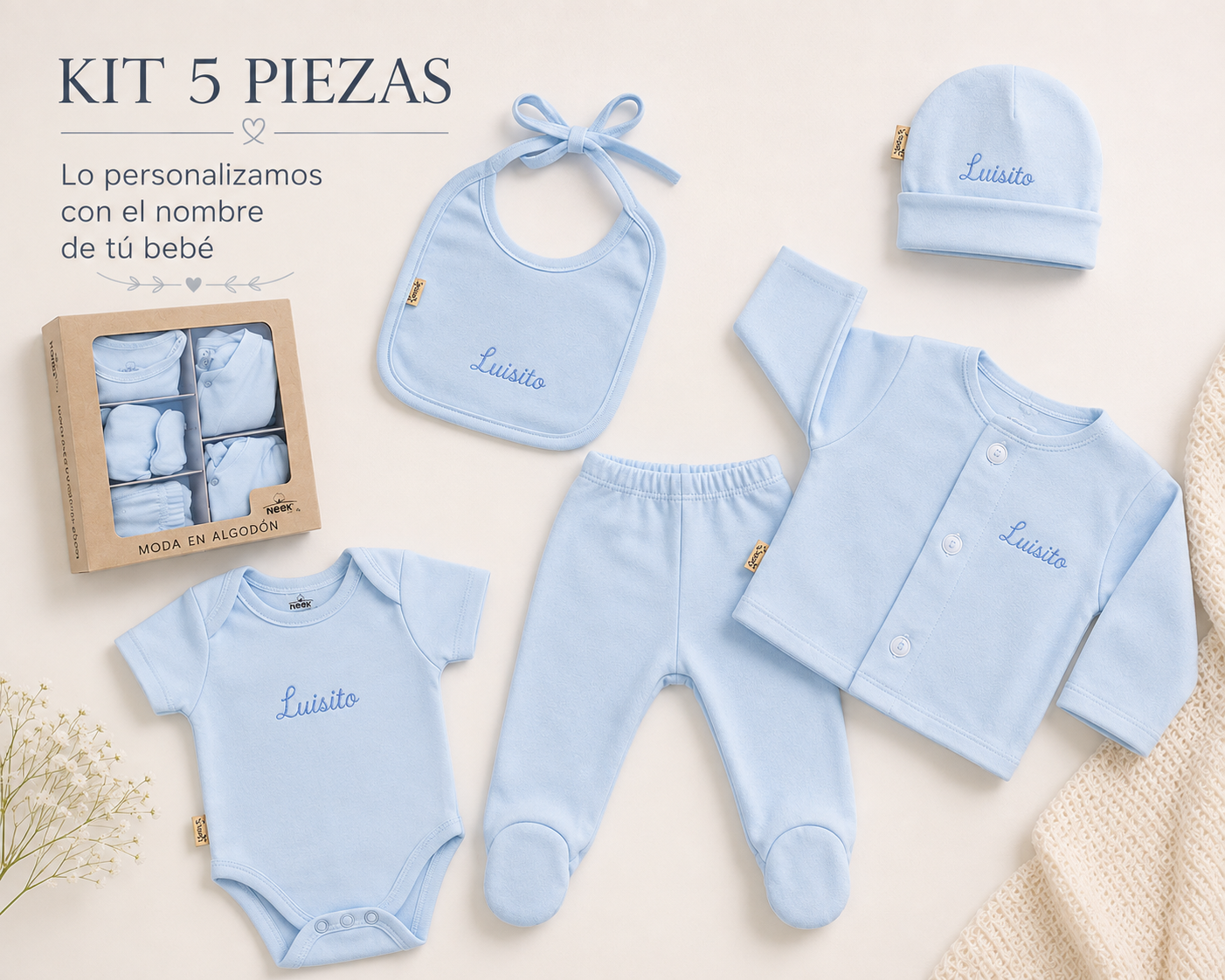 Kit 5 pzs Personalizado para Bebé Salir Hospital Bienvenida Algodón