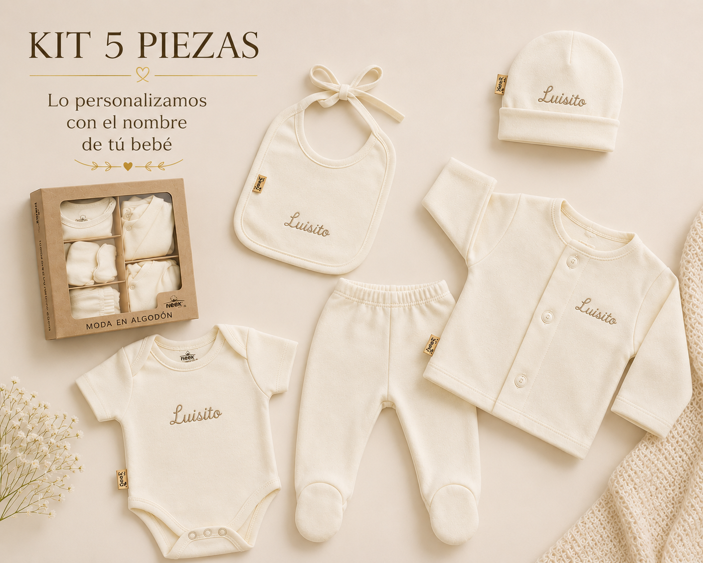 Kit 5 pzs Personalizado para Bebé Salir Hospital Bienvenida Algodón