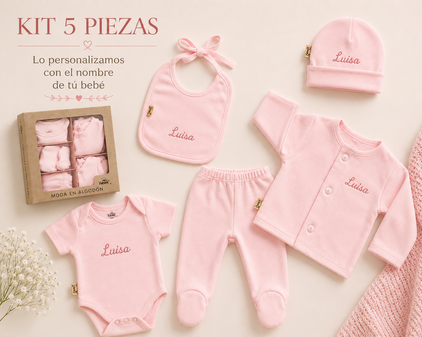 Kit 5 pzs Personalizado para Bebé Salir Hospital Bienvenida Algodón