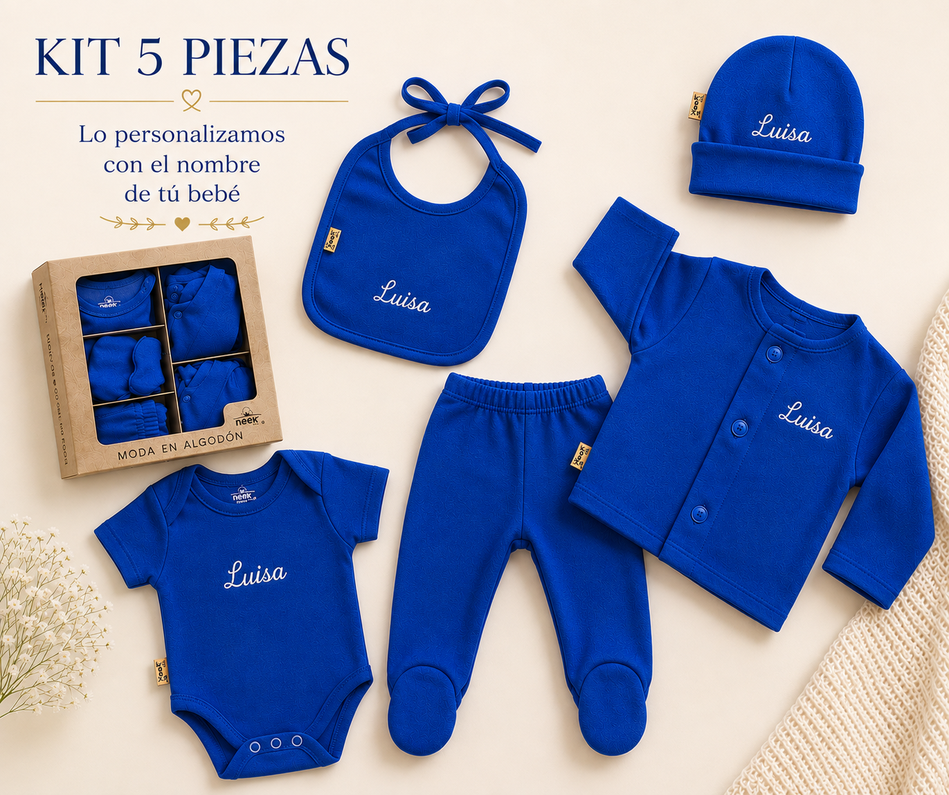 Kit 5 pzs Personalizado para Bebé Salir Hospital Bienvenida Algodón