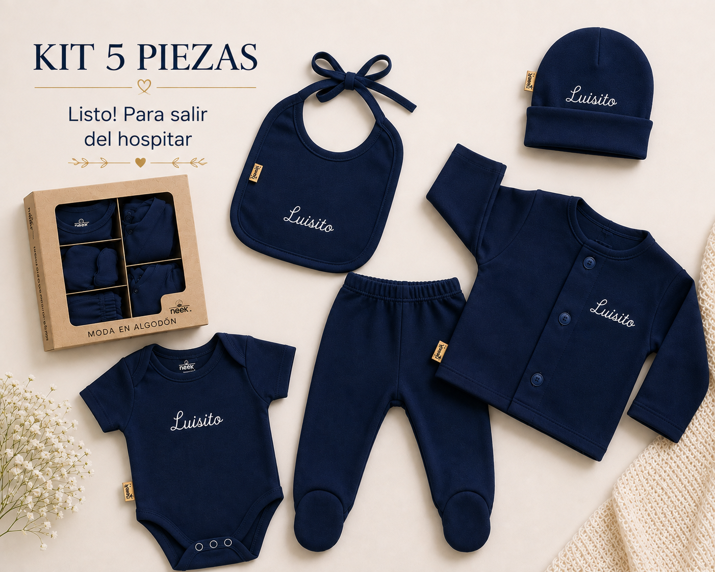 Kit 5 pzs Personalizado para Bebé Salir Hospital Bienvenida Algodón