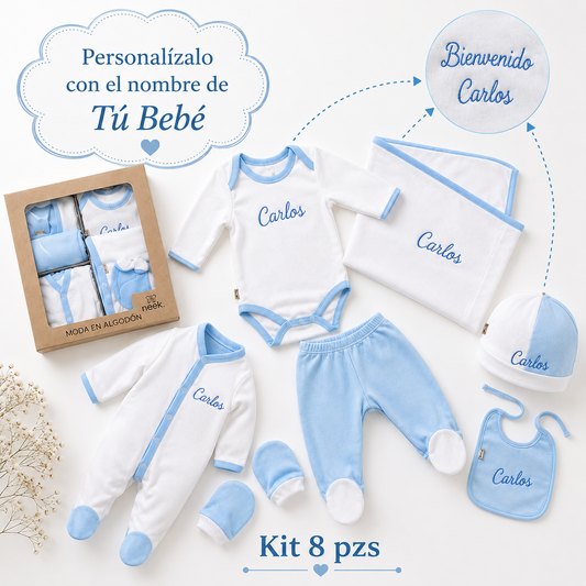 Kit Baby 9 Pzs Personalizado incluye Frazada Salir Del Hospital Algodón Bebé