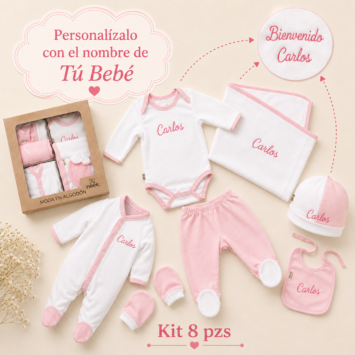 Kit Baby 9 Pzs Personalizado incluye Frazada Salir Del Hospital Algodón Bebé