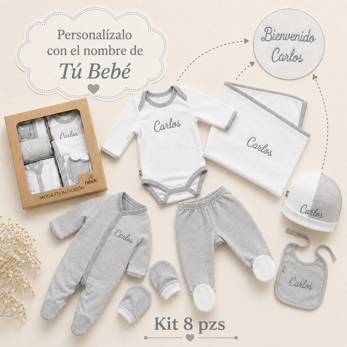 Kit Baby 9 Pzs Personalizado incluye Frazada Salir Del Hospital Algodón Bebé