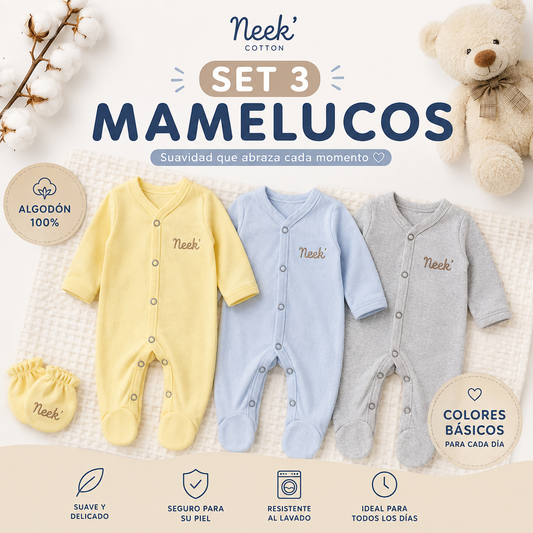 Set 3 Mamelucos Bebe 100% Algodón Neek