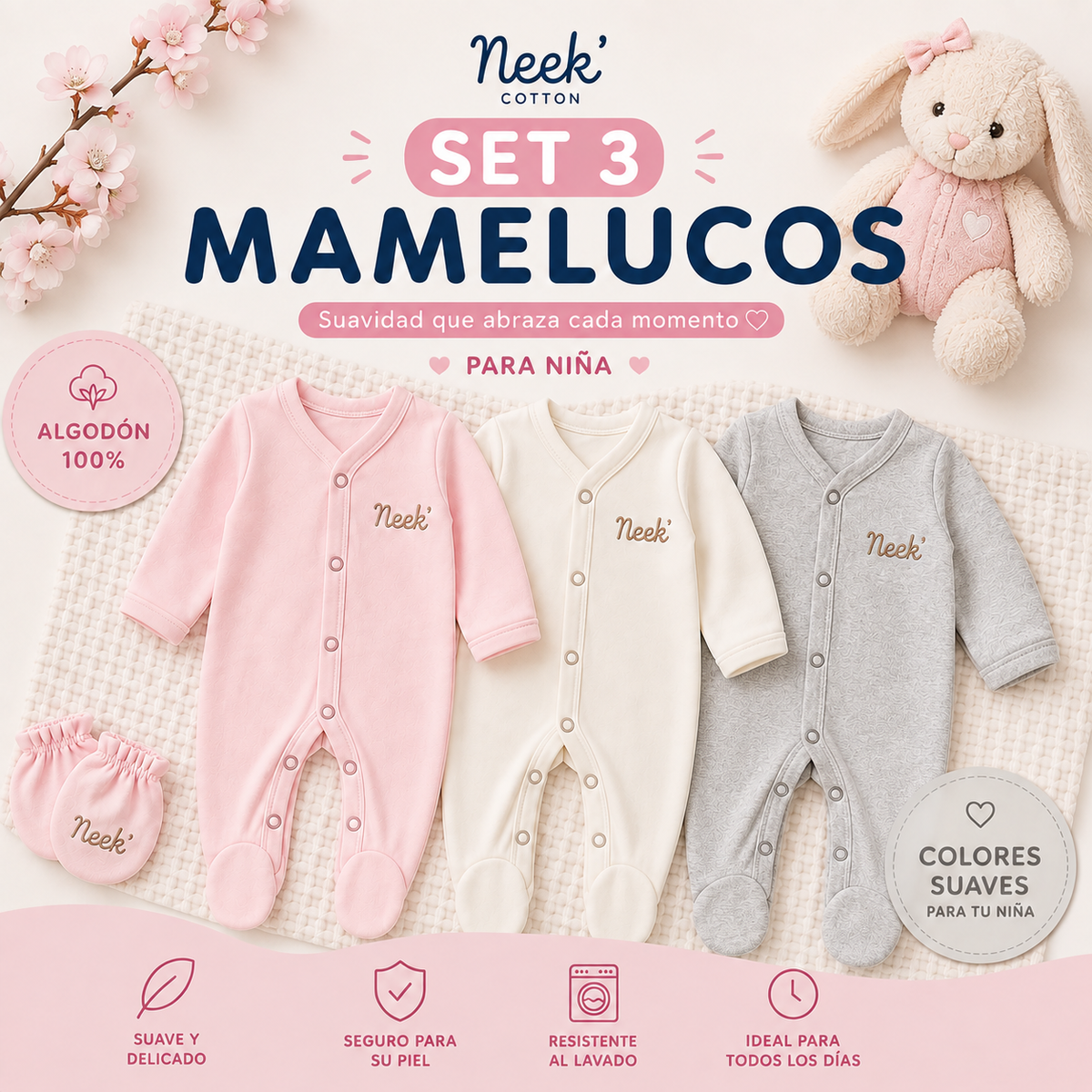 Set 3 Mamelucos Bebe 100% Algodón Neek