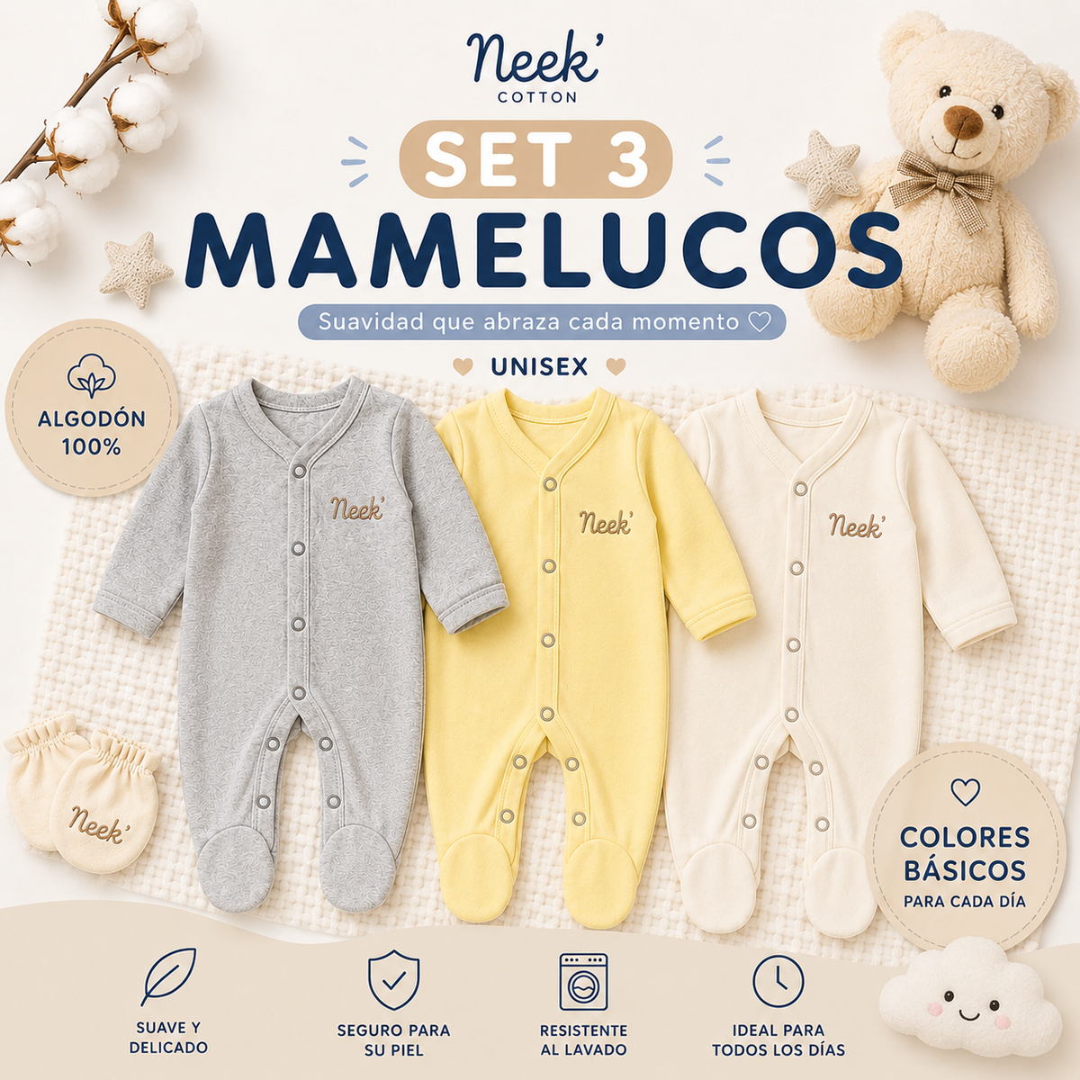 Set 3 Mamelucos Bebe 100% Algodón Neek