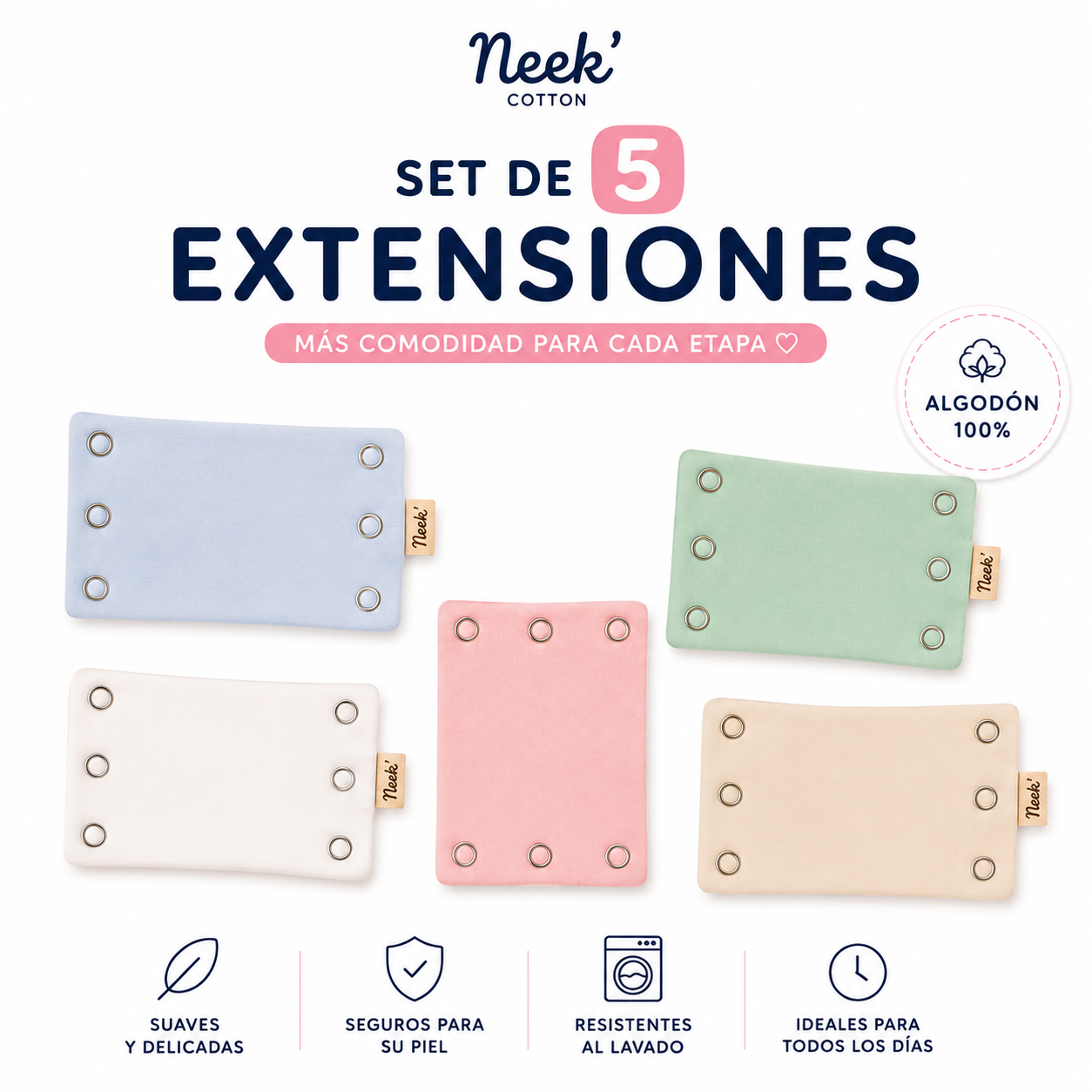 5 Extensiones de Pañalero para Bebe Unitalla Neek' Estandar Cuadrada 1cm