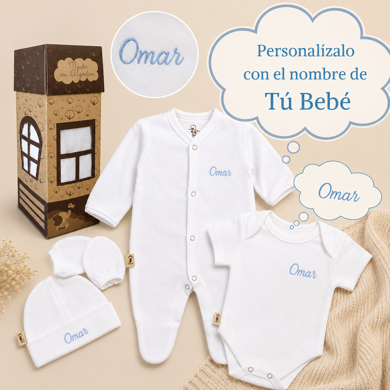 Kit 4 pzs Casita Bebé Personalizado Salir Del Hospital Algodón