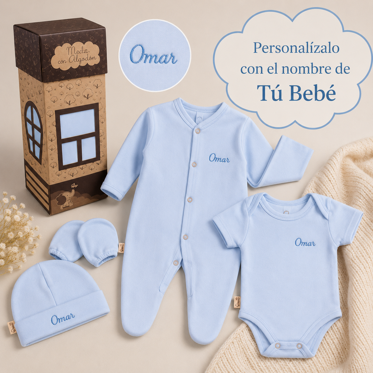 Kit 4 pzs Casita Bebé Personalizado Salir Del Hospital Algodón