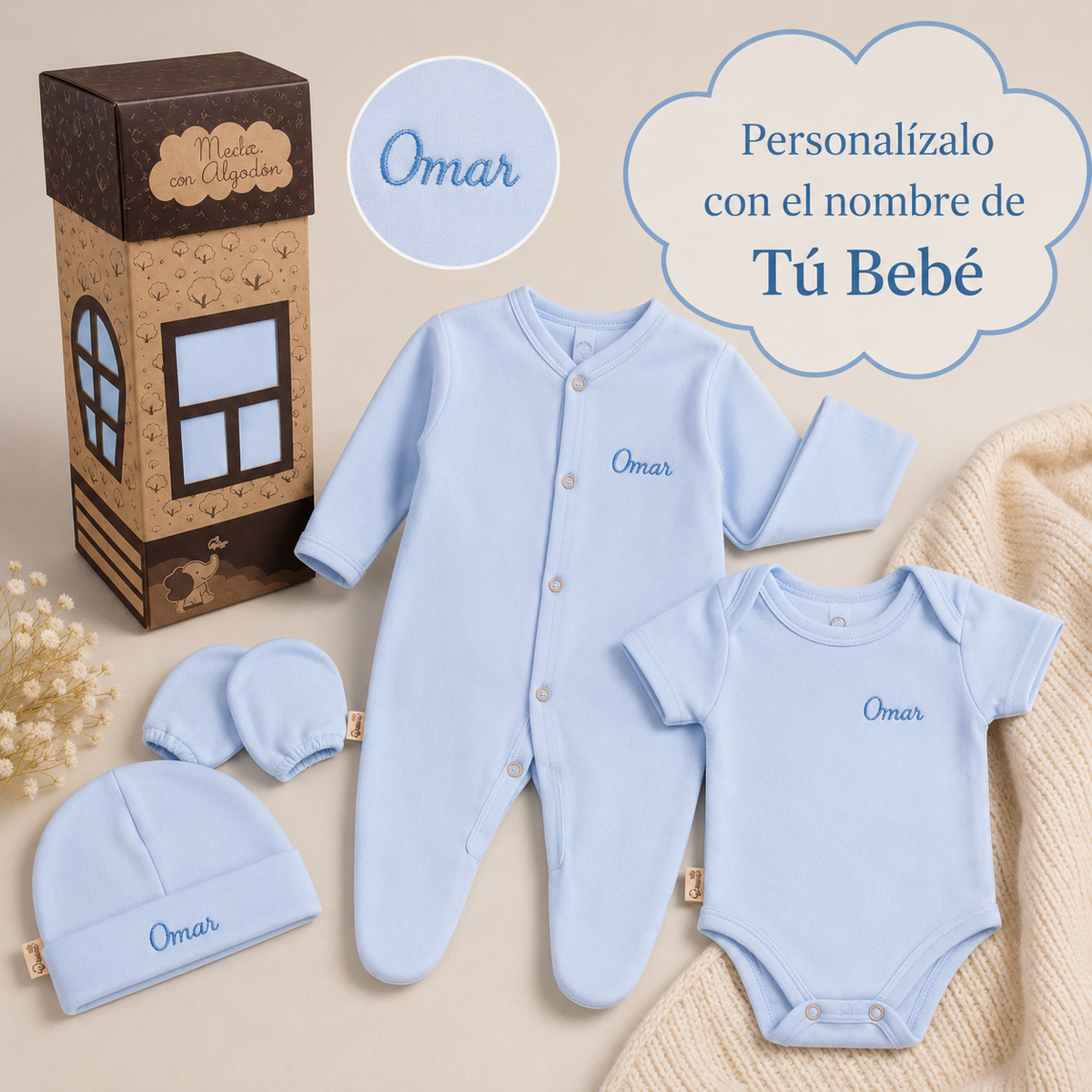 Kit 4 pzs Casita Bebé Personalizado Salir Del Hospital Algodón