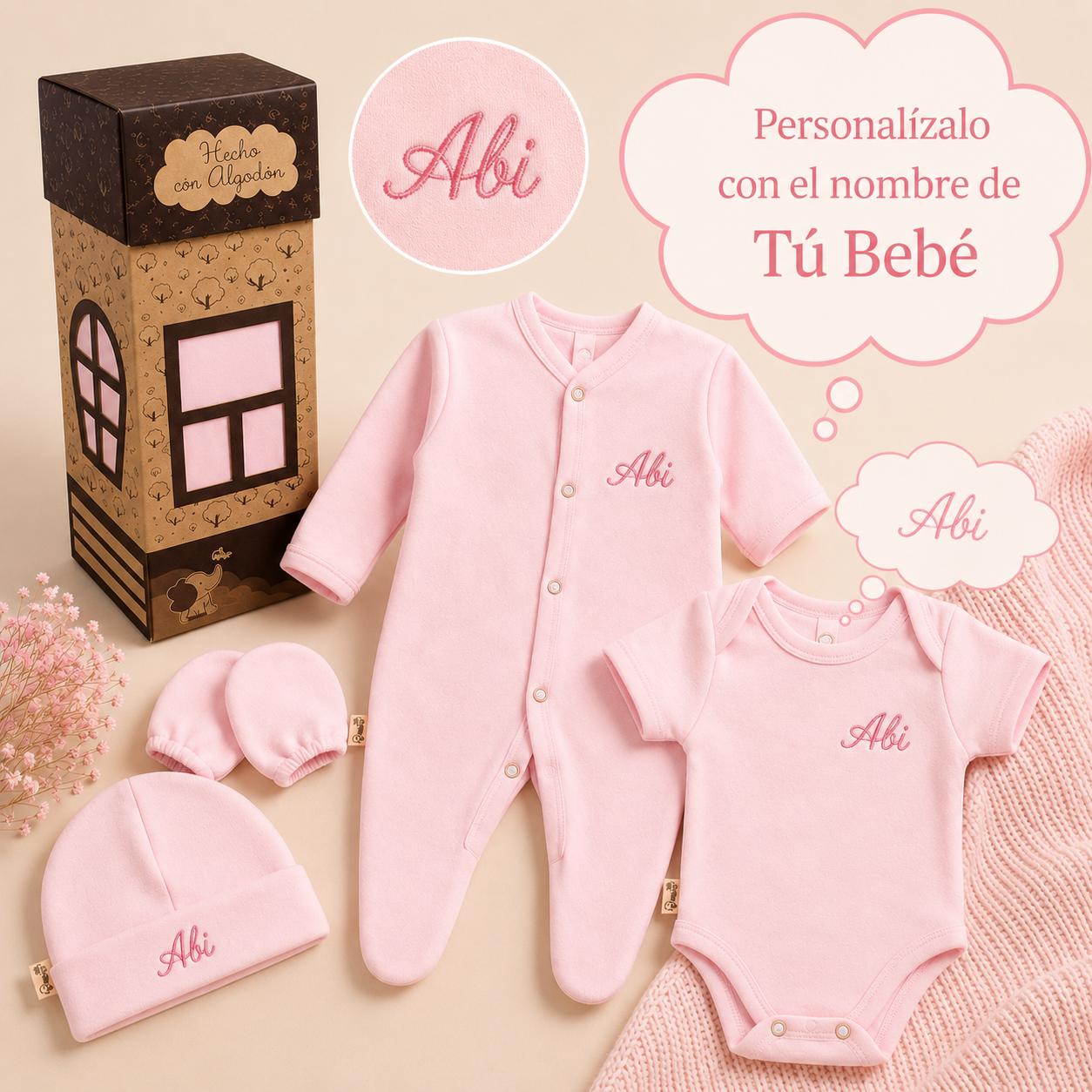 Kit 4 pzs Casita Bebé Personalizado Salir Del Hospital Algodón