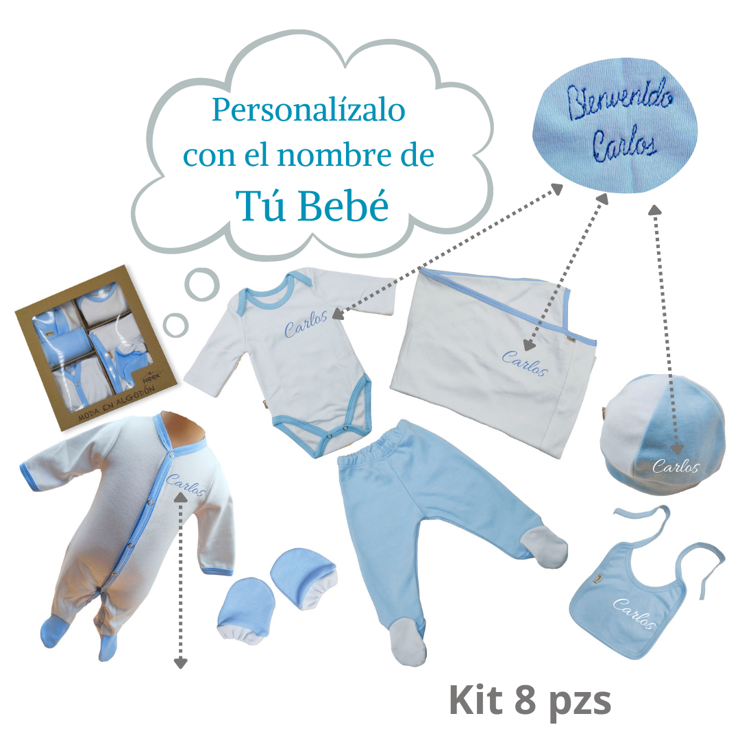 Kit Baby 8 Pzs Personalizado incluye Frazada Salir Del Hospital Algodón Bebé